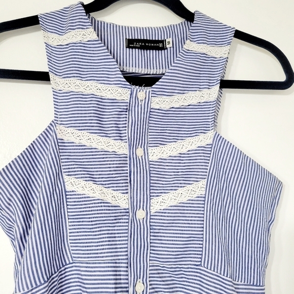 Zara Blue and White Pinstripe Sleeveless Midi Dress Size M - Picture 3 of 7
